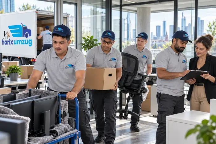 Team beim Büroumzug mit Rollcontainern und Kartons