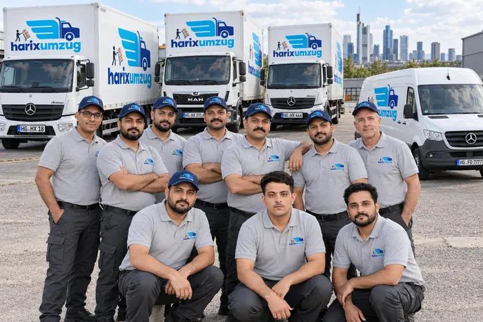 Das harixumzug-Team vor der Fahrzeugflotte