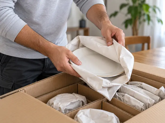 Geschirr wird in Papier eingeschlagen und in einen Umzugskarton gepackt