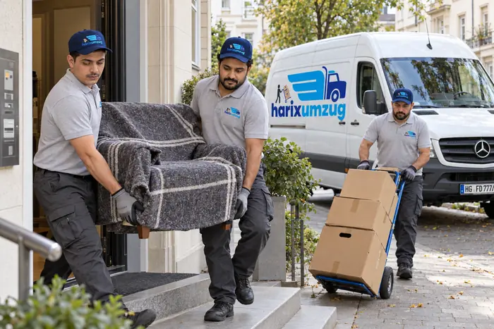 Umzugsteam trägt einen Sessel zum Transporter