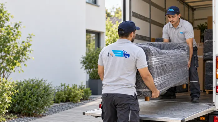 Ein in Decken geschütztes Sofa wird verladen