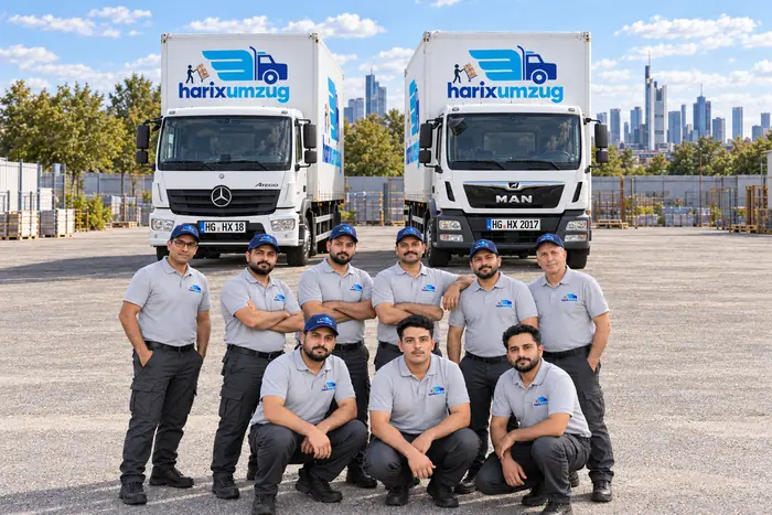 Das harixumzug-Team vor zwei Umzugs-Lkw