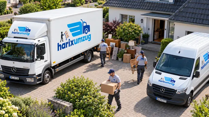 Umzugs-Lkw steht direkt vor dem Haus im Innenhof
